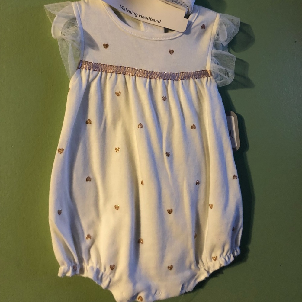 White with with gold hearts romper. Size 6-9 months